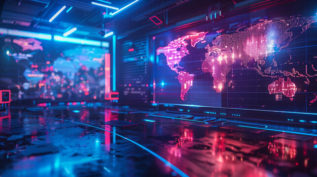 Futuristic Global Data Network with Digital World Map and Neon Lights – Cybersecurity, Artificial Intelligence and Technology Background