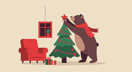Festive Bear Decorating Christmas Tree with Star in Cozy Indoor Setting Illustration