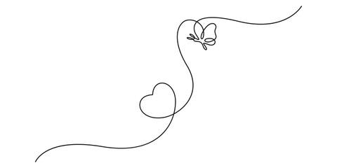 Continuous one line drawing of abstract heart sign with butterfly minimalist single line art style vector illustration
