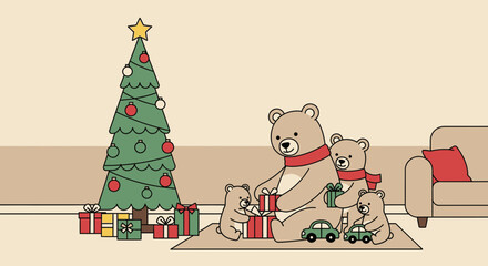 Festive Christmas scene with a bear family exchanging gifts by the decorated tree cheerfully