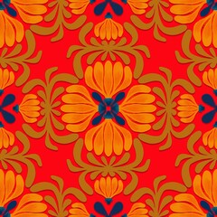 seamless pattern with flowers,gold, blue, orange curves ,painted create to flowershape, leaves, red background in geometric patterns as sarong,fabric,tile,printed fabric,batik,tablecloth patterns.