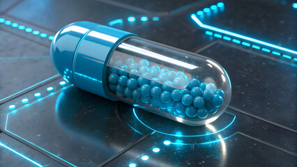 Cutting edge capsule medication with blue and white spheres inside offers pharmaceutical solutions and futuristic treatment innovation for health