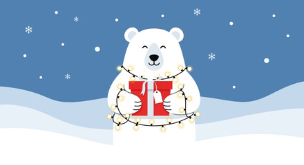 Festive polar bear illustration with christmas lights and a gift in a snowy landscape scene