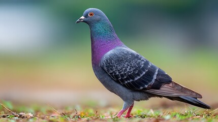 Fototapeta premium A close-up side view of a feral pigeon with iridescent feathers stands on the ground