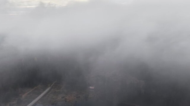 hazy scenery with subdued hues, obscured countryside slowly unveiled in thick fog and subdued colors