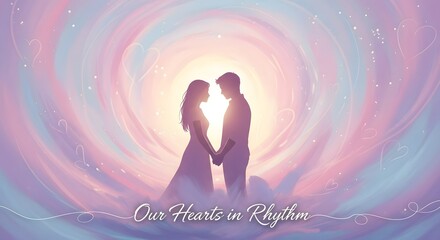 A romantic couple holding hands and facing each other with a glowing heart-shaped background and the phrase 'Our Hearts in Rhythm' at the bottom of the image