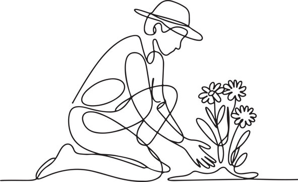 Continuous Line Art Illustration of Gardener Kneeling Planting Flowers