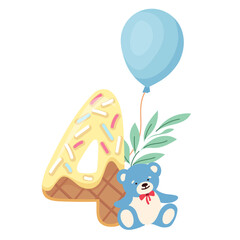 Cute baby milestone card featuring number, balloons and baby toys celebrating fourth month. Tender design for newborn to capture every special moment. Vector illustration for celebration banner, album