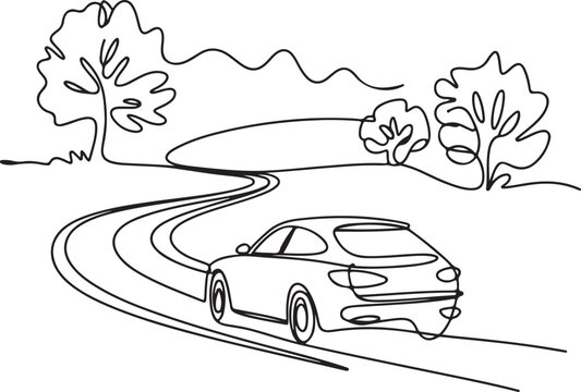 Continuous Line Art Illustration of Car on Curvy Rural Road with Trees