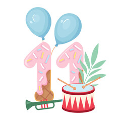 Cute baby milestone card featuring number, balloons and baby toys celebrating eleventh month Tender design for newborn to capture every special moment Vector illustration for celebration banner, album