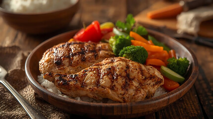 Healthy homemade meal with rice, chicken, and vegetables