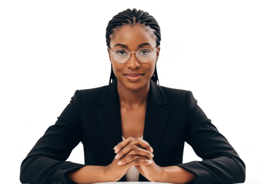 Professional african american woman wearing glasses and black blazer sitting at a desk with hands clasped isolated on transparent background