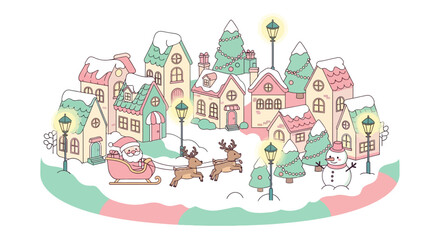 Charming Christmas village scene with Santa's sleigh, reindeer, snow-covered houses, trees, and a snowman.