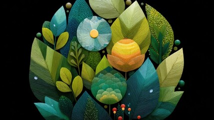 A stylized, circular composition of textured green and blue leaves and flowers, resembling embroidery, set against a dark background.