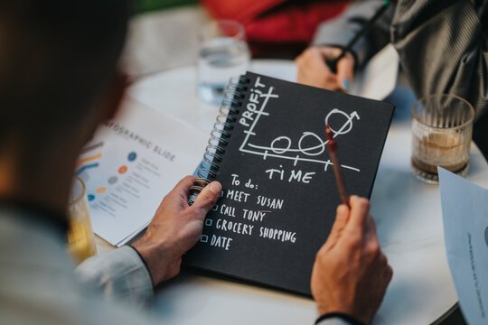 A person sketches a growth graph in a spiral notebook while outlining tasks for a productive meeting. The scene includes coffee, documents, and a relaxed team atmosphere.