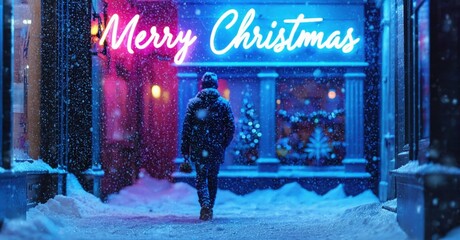 Winter scene shows person walking past shop with bright Merry Christmas sign. Snow covers street, creating festive mood. Lights illuminate windows.