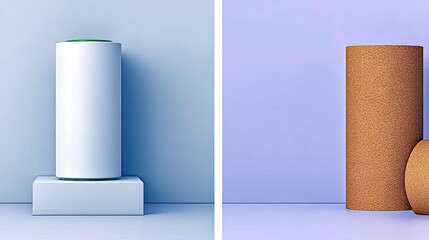 A minimalist composition features a white cylinder on a white pedestal against a blue background, and a cork cylinder against a lavender background.
