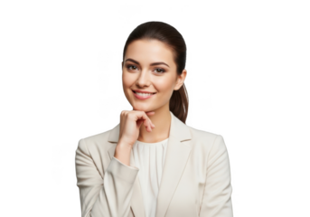A young professional woman with a confident smile and her hand on her chin isolated on transparent background