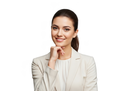 A young professional woman with a confident smile and her hand on her chin isolated on transparent background