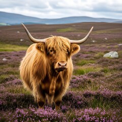A Highland cow standing in a vibrant purple heather field with rolling hills in the background under a partly cloudy sky during daytime