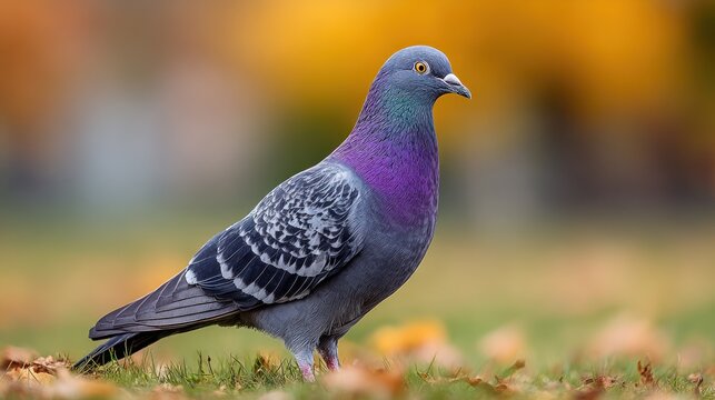 A close-up view of a pigeon with iridescent neck feathers standing in autumn grass