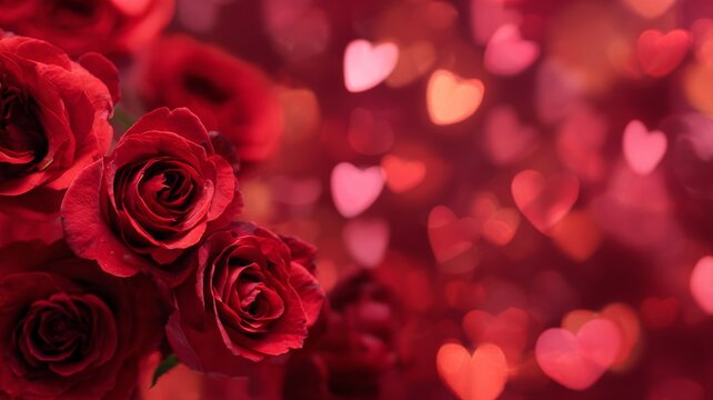 Vibrant red valentine’s day background with romantic red roses, heart-shaped bokeh lights, and festive love-themed decorations for celebrations and greeting cards