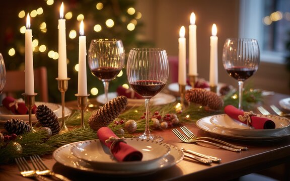 Elegant christmas dinner table setting with candles wine glasses and festive decorations