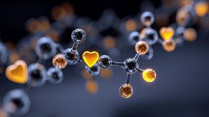 A close-up, abstract view of a molecular structure composed of interconnected spheres, with some spheres glowing yellow and shaped like hearts.
