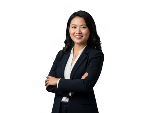 Smiling asian woman in business attire with arms crossed confidently isolated on transparent background