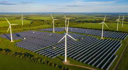 Solar panels and wind turbines in sustainable landscape