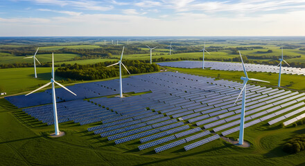 Solar panels and wind turbines in sustainable landscape