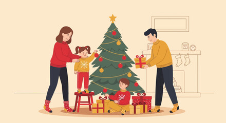 Joyful holiday scene of family decorating christmas tree and exchanging gifts with festive warmth