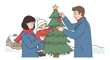 Joyful family decorating christmas tree together in cozy winter home illustration