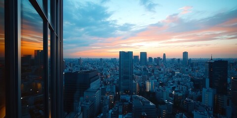 City skyline at sunset reflected in a skyscraper window