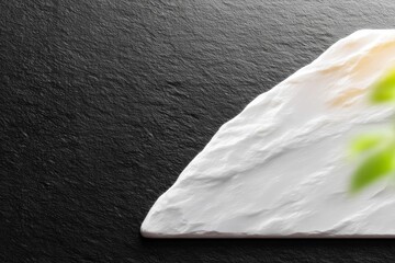 A close-up shot of a rough white stone surface with a textured dark background, featuring soft green foliage in the background.