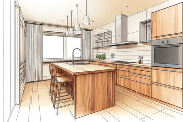 Kitchen drawing showcases wood accents and natural view. Architectural rendering emphasizes modern interior, highlighting island and lines. Drawing represents planning.