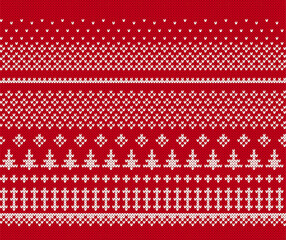 Knitted sweater print. Christmas border with trees. Holiday red geometric background. Xmas knit seamless pattern. Fair isle traditional texture. Festive winter ornament. Vector.