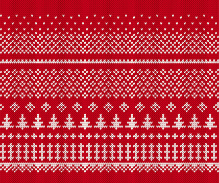 Knitted sweater print. Christmas border with trees. Holiday red geometric background. Xmas knit seamless pattern. Fair isle traditional texture. Festive winter ornament. Vector.