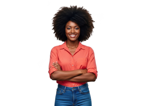 Smiling young african american woman with voluminous curly hair wearing a coral collared shirt and blue jeans isolated on transparent background