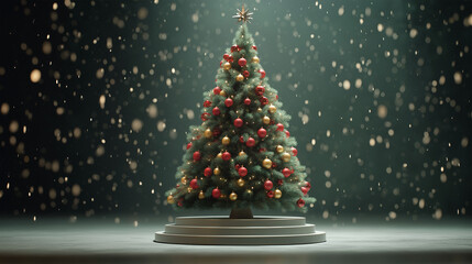 Obraz premium A beautifully decorated christmas tree, stands alone as it celebrates Christmas in a wintery scene, surrounded by a gentle snowfall.