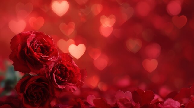 Vibrant red valentine’s day background with romantic red roses, heart-shaped bokeh lights, and festive love-themed decorations for celebrations and greeting cards