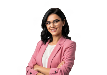 Professional woman wearing glasses and a pink blazer smiles confidently with arms crossed isolated on transparent background
