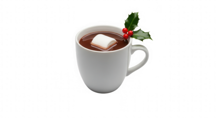 Festive Hot Chocolate with Marshmallow and Holly Sprig on Dark Background Perfect for Winter Holidays