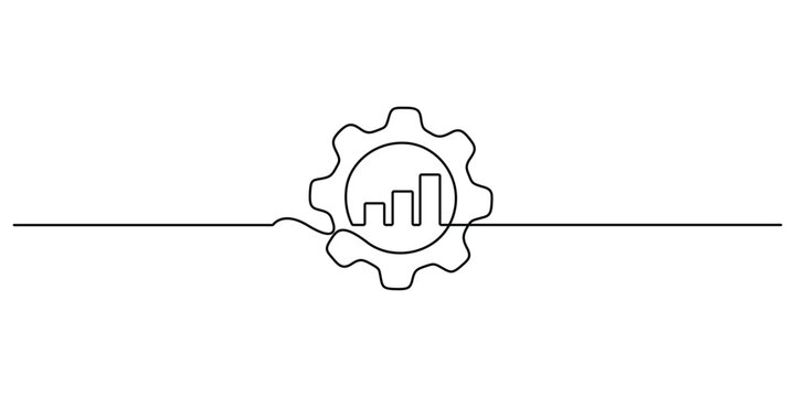 Setting icon continuous one line drawing. Gears wheel continuous single line art. Round wheel metal symbol company template for business teamwork concept. Graphic illustration