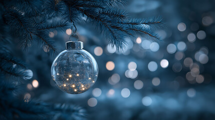 A serene close-up of a sparkling clear Christmas ornament reflecting soft, glowing lights amidst the backdrop of a softly blurred Christmas tree.