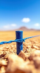 A blue fence post secures barbed wire in a dry, dusty landscape with a distant mountain under a clear blue sky.