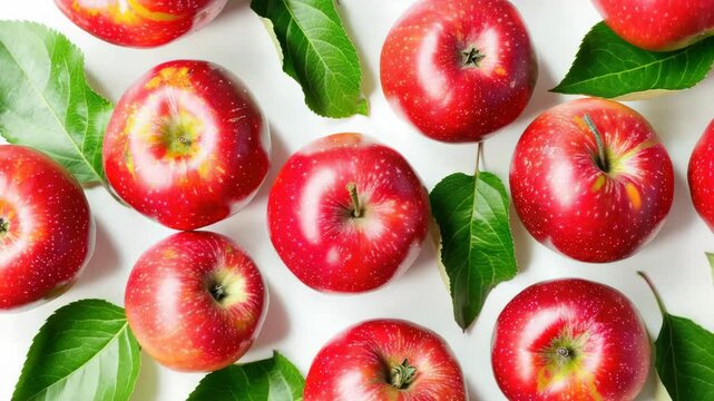 A bunch of red apples with green leaves. The apples are in a row and are touching each other