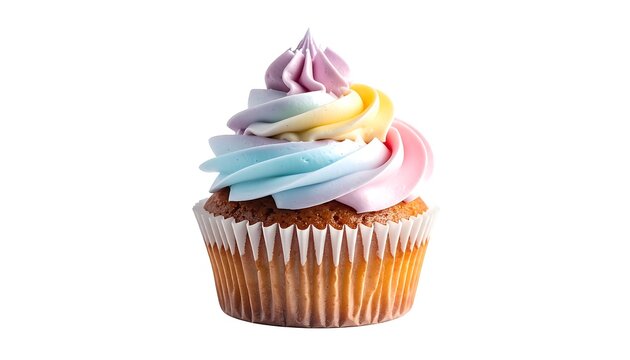 Delicious cupcake with colorful frosting on a white background.