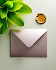 A closed envelope with a gold wax seal and green leaves on a light green background, suggesting a message or invitation.