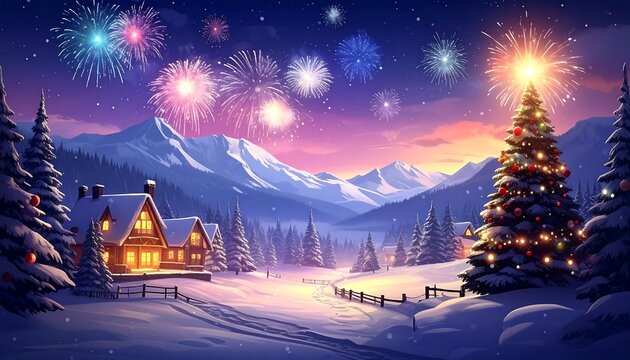 Snowy village scene with lit houses, Christmas tree, mountains, and fireworks under a vibrant twilight sky